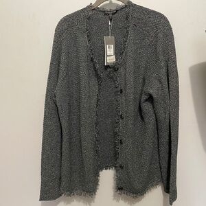 Eileen Fisher Cardigan Women's Linen Cotton Fringe Trimmed Gray Snap Front